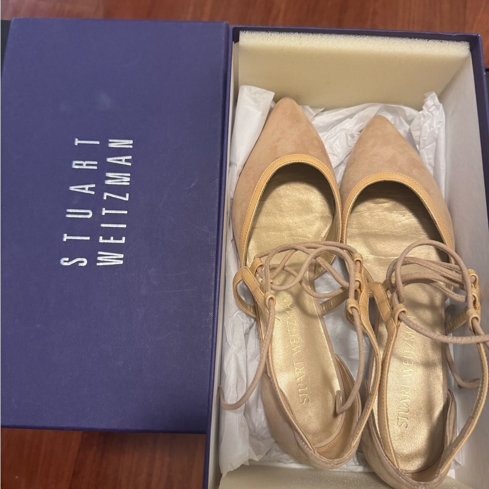 Stuart Weitzman Beige Lace-Up Flats